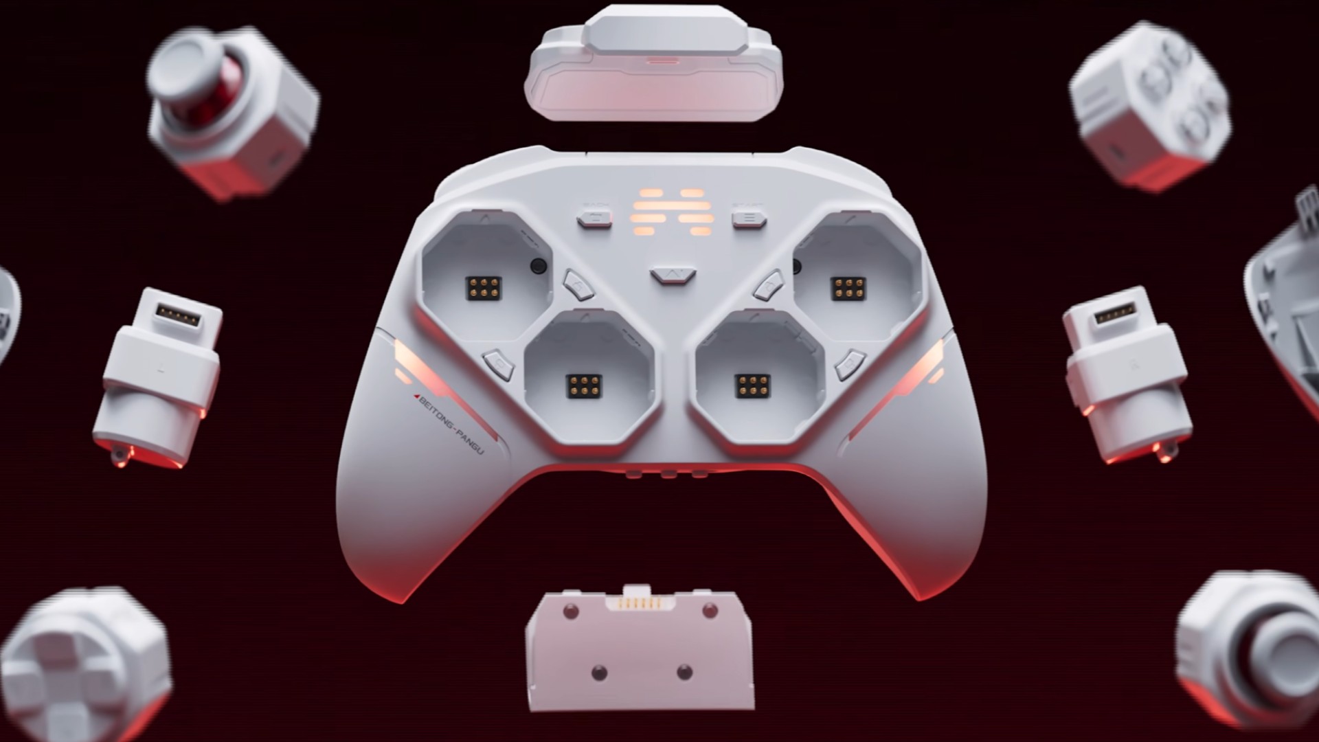 Beitong Pangu controller surrounded by modular component options on a dark red background