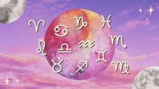 The zodiac signs symbols against the backdrop of a pink full moon and pink cloudy sky.