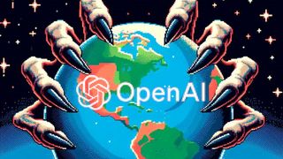 Hands grasping the planet Earth in a pixel art style with OpenAI logo