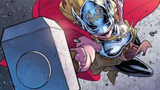 Jane foster mighty thor flying away from the moon