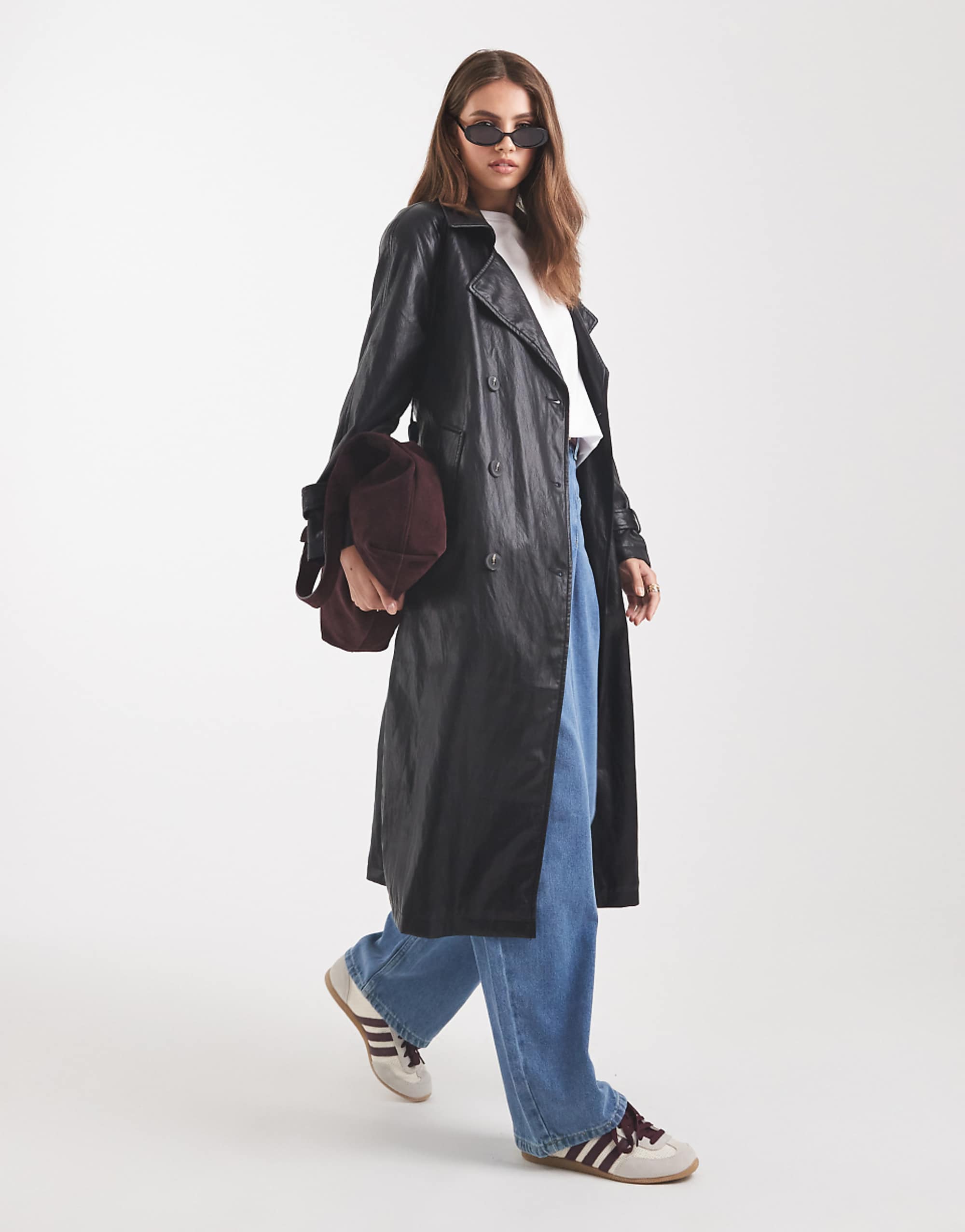 Asos Design Leather Look Trench Coat in Black