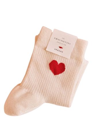 cream ribbed socks with red heart detail