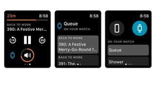 Skjermbilder av appen Overcast på Apple Watch.