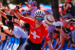 Switzerland's Mauro Schmid of Team Jayco Alula crosses the line to win the 2025 Cadel Evans Great Ocean Men's Elite Road Race in Geelong on February 2, 2025. (Photo by CHRIS PUTNAM / AFP) / -- IMAGE RESTRICTED TO EDITORIAL USE - STRICTLY NO COMMERCIAL USE --