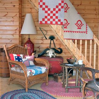 americana living room with cabin style walls