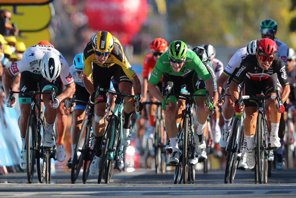 Stage winner Team Lotto rider Australias Caleb Ewan 1st sprints to win ahead of From R Team Deceuninck rider Irelands Sam Bennett Team Jumbo rider Belgiums Wout van Aert and Team Bora rider Slovakias Peter Sagan at the end of the 11th stage of the 107th edition of the Tour de France cycling race 167 km between Chatelaillon Plage and Poitiers on September 9 2020 Photo by Thibault Camus POOL AFP Photo by THIBAULT CAMUSPOOLAFP via Getty Images