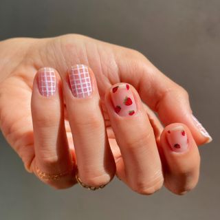 Strawberry gingham nail art