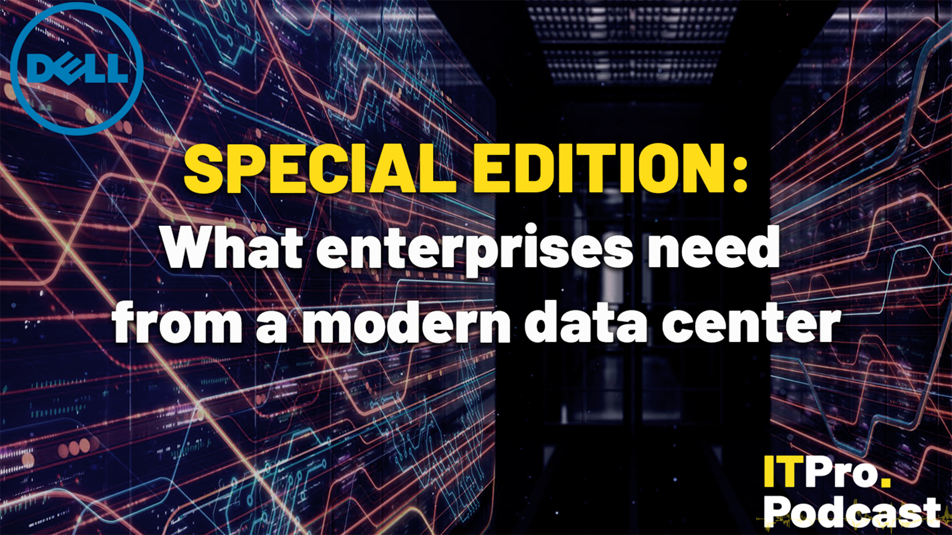 A data center with the episode title over the top