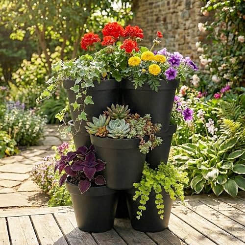 Geezy Stackable Vertical Garden Flower Pot, Set of 3 Large Anthracite Tiered Planter for Outdoor Herbs &amp;amp; Strawberry Plants, Durable Polypropylene Plant Pots, Space-Saving Design