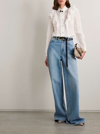 Crush Crystal-Embellished Guipure Lace-Trimmed Ruffled Linen and Silk-Blend Organza Shirt