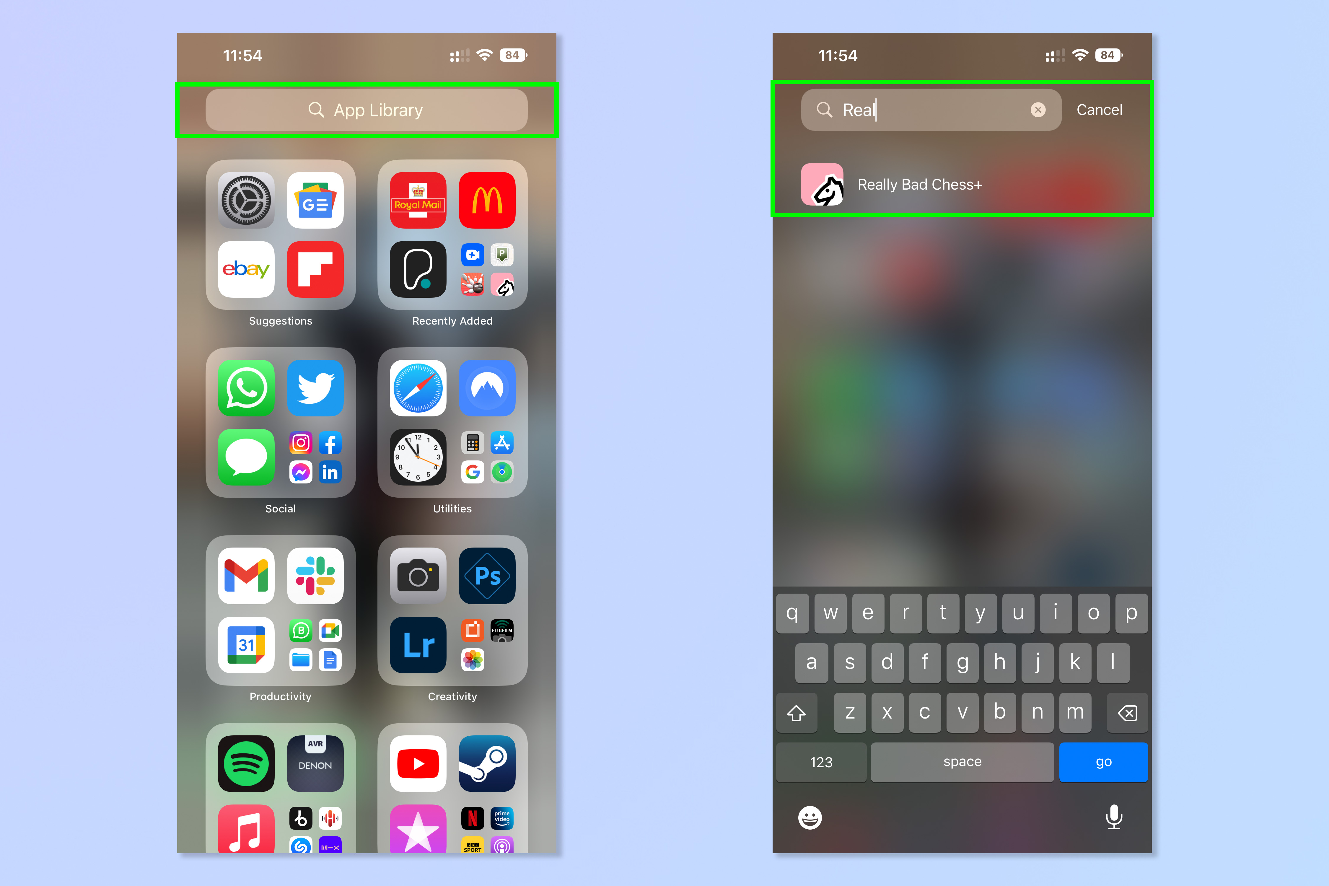 Screenshots showing the steps required to automatically hide new apps on iPhone