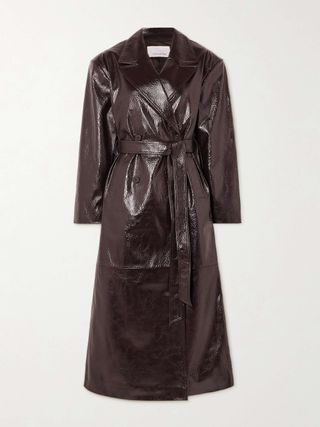 Tina Belted Double-Breasted Faux Textured-Leather Trench Coat