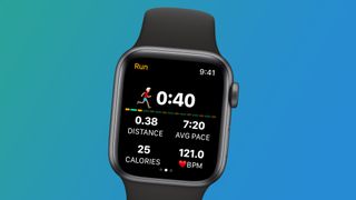 An Apple Watch on a blue background showing the Watch to 5K app