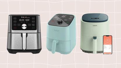 A trio of the best air fryers from Instant and Cosori on a beige graphic background