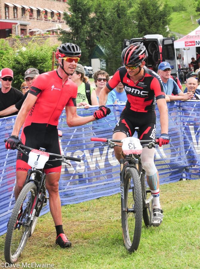 Stephen Ettinger (BMC) is congratulated by Todd Wells