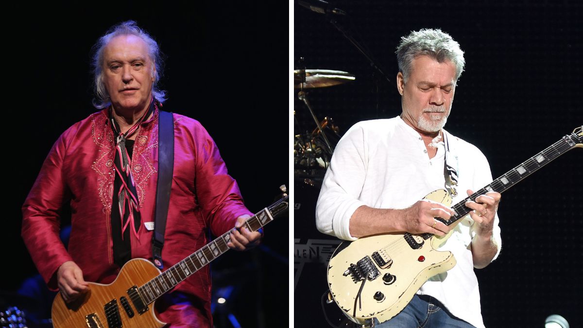 Left-Dave Davies performs at The Space at Westbury on April 14, 2019 in Westbury, New York; Right-Eddie Van Halen of Van Halen performs on stage at Concord Pavilion on July 9, 2015 in Concord, California