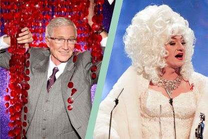 Paul O'Grady portrait and split layout with Paul O'Grady as drag queen Lily Savage