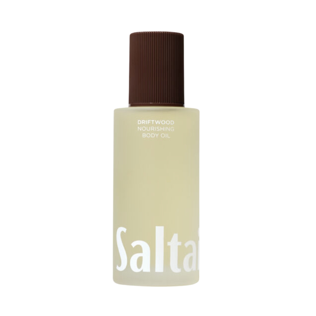 A product shot of the Saltair Driftwood Body Oil, on a white background