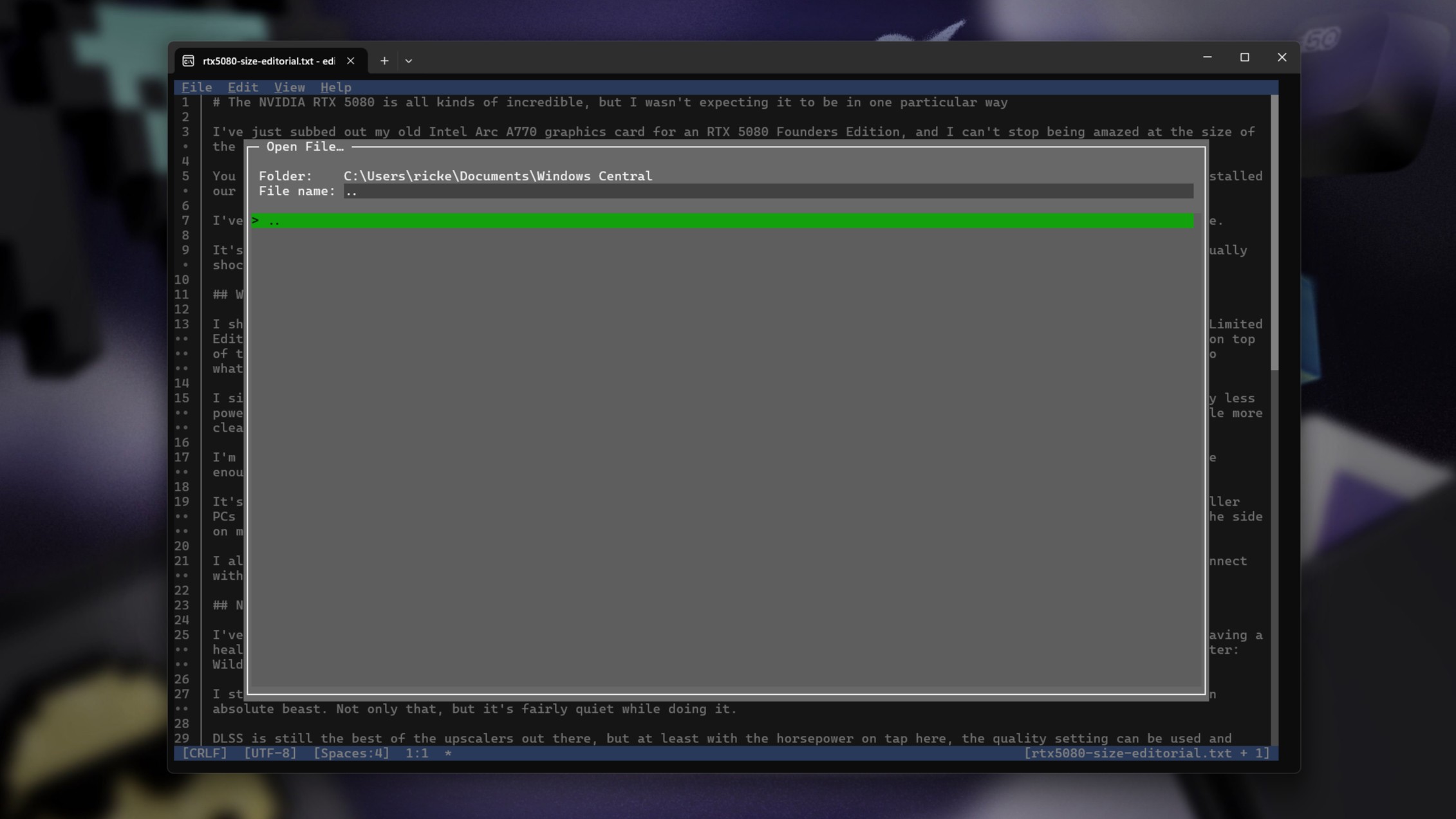 Navigating the Windows filesystem inside Microsoft Edit running in Windows Terminal.