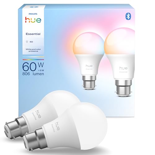 Philips Hue Essential Led A60 Smart Bulbs, White and Colour Ambiance, B22 Base, 8w, 2200k-6500k, 806 Lm, Dimmable Hue Led Bulbs, Smart Lighting Works With Alexa, Google Assistant, Apple Home, 2 Pack