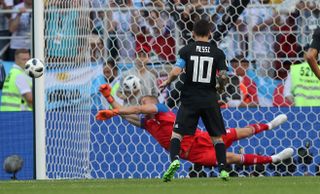 Argentina's Lionel Messi sees his penalty saved by Iceland's Hannes Halldorsson at the 2018 World Cup.