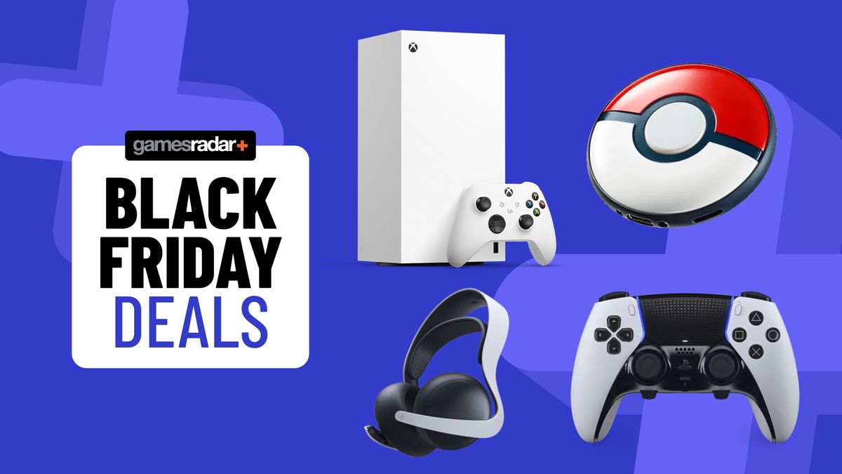 Xbox Series X, Pokemon Go Plus+, Pulse Elite headset, and DualSense Edge on a blue background with Black Friday deals badge