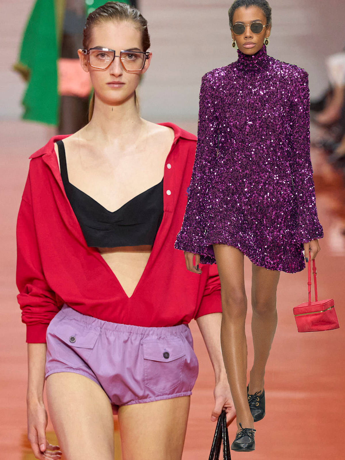 A collage featuring red-and-purple looks from Prada's and Celine's spring/summer 2026 collections.