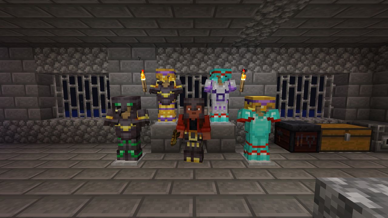 In-game screenshot of multiple armor trims from Minecraft 1.20.