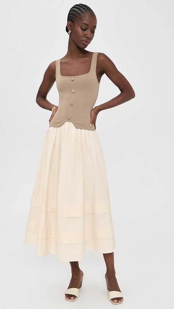 Moon River Square Neckline Top Mixed Media Midi Dress