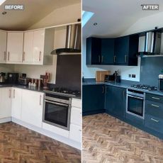 A side by side comparison of a kitchen showing the transformation from white to chalky black kitchen cabinets