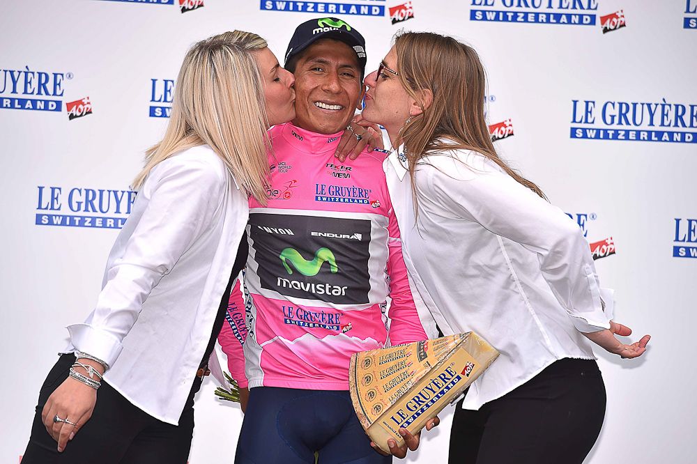 Nairo Quintana in the pink jersey after stage 4 at the Tour de Romandie.