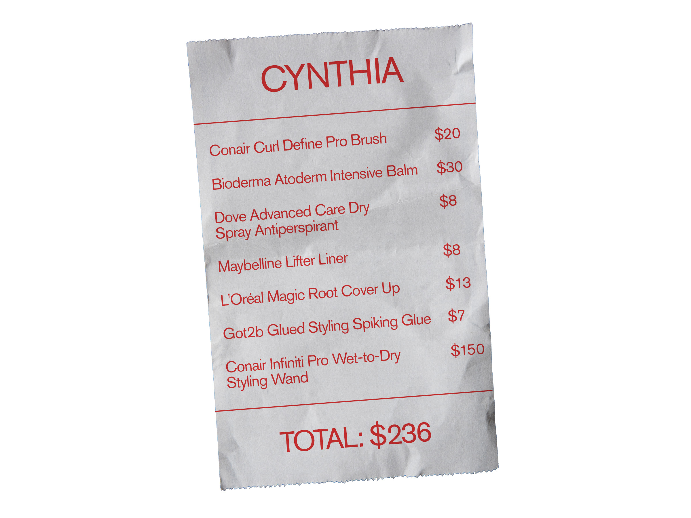 Celebrity hairstylist Cynthia Alvarez&#039;s drugstore shopping receipt