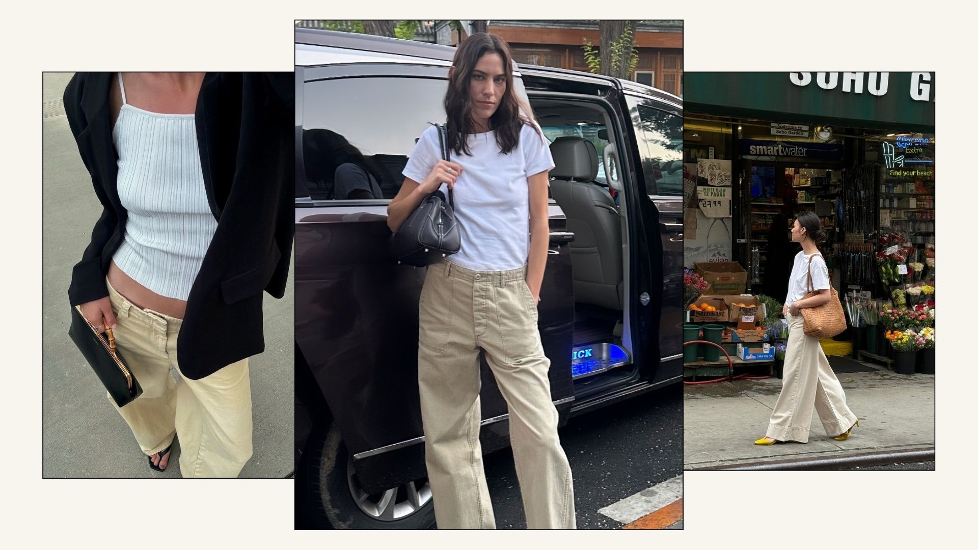 @meganadelaide, @alexachung, @mimixn all style beige jeans with white t-shirts.