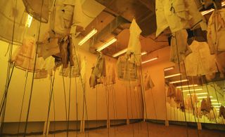 Interior rustic room with yellow ceiling light casting light across the room, 100 lightweight coats from organza and lightweight plastics suspended in the air by metal rods attached to the floor, large wall mirror on the right wall, reflecting room contents