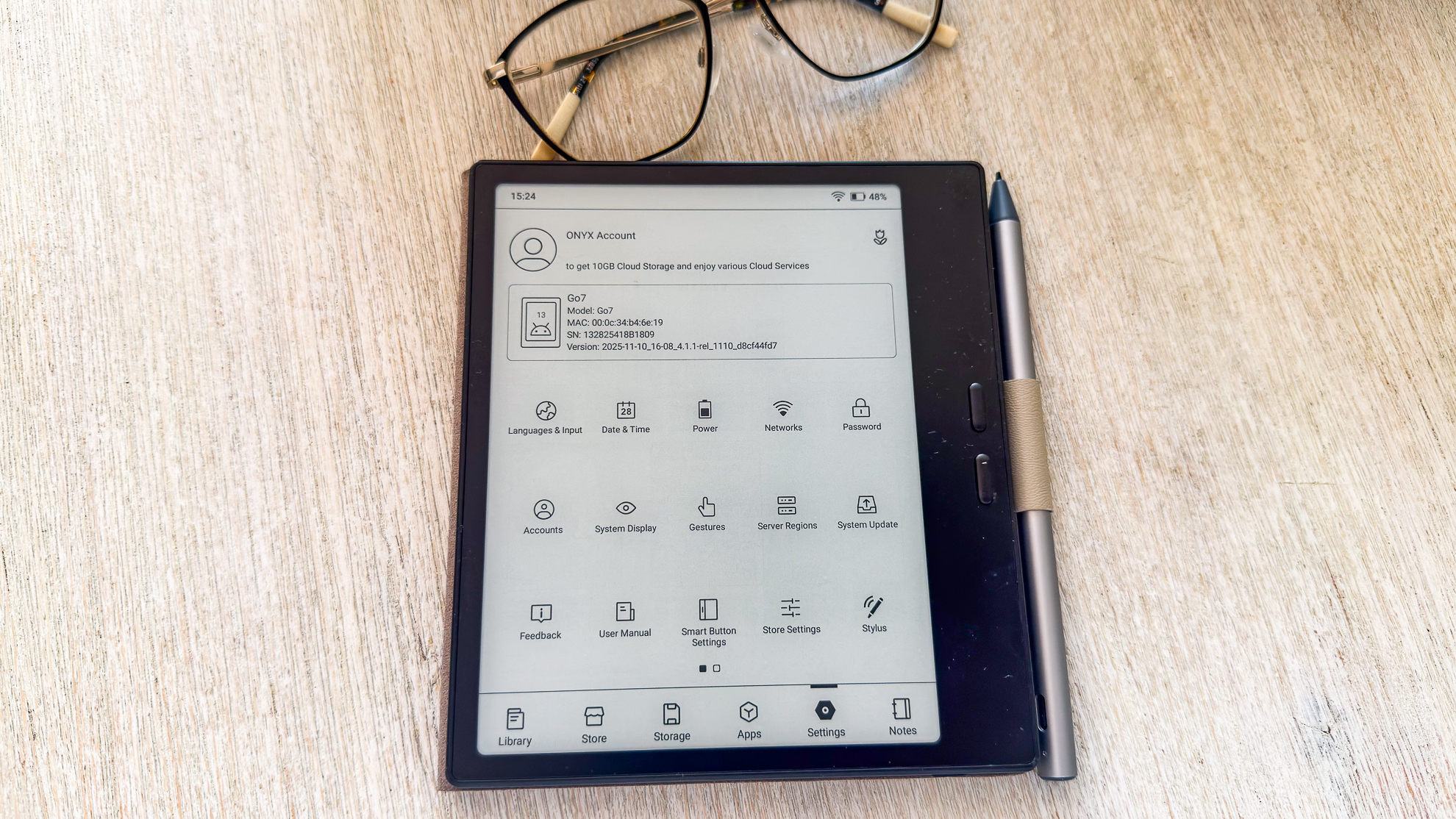 The settings tab on the Boox Go 7 ereader