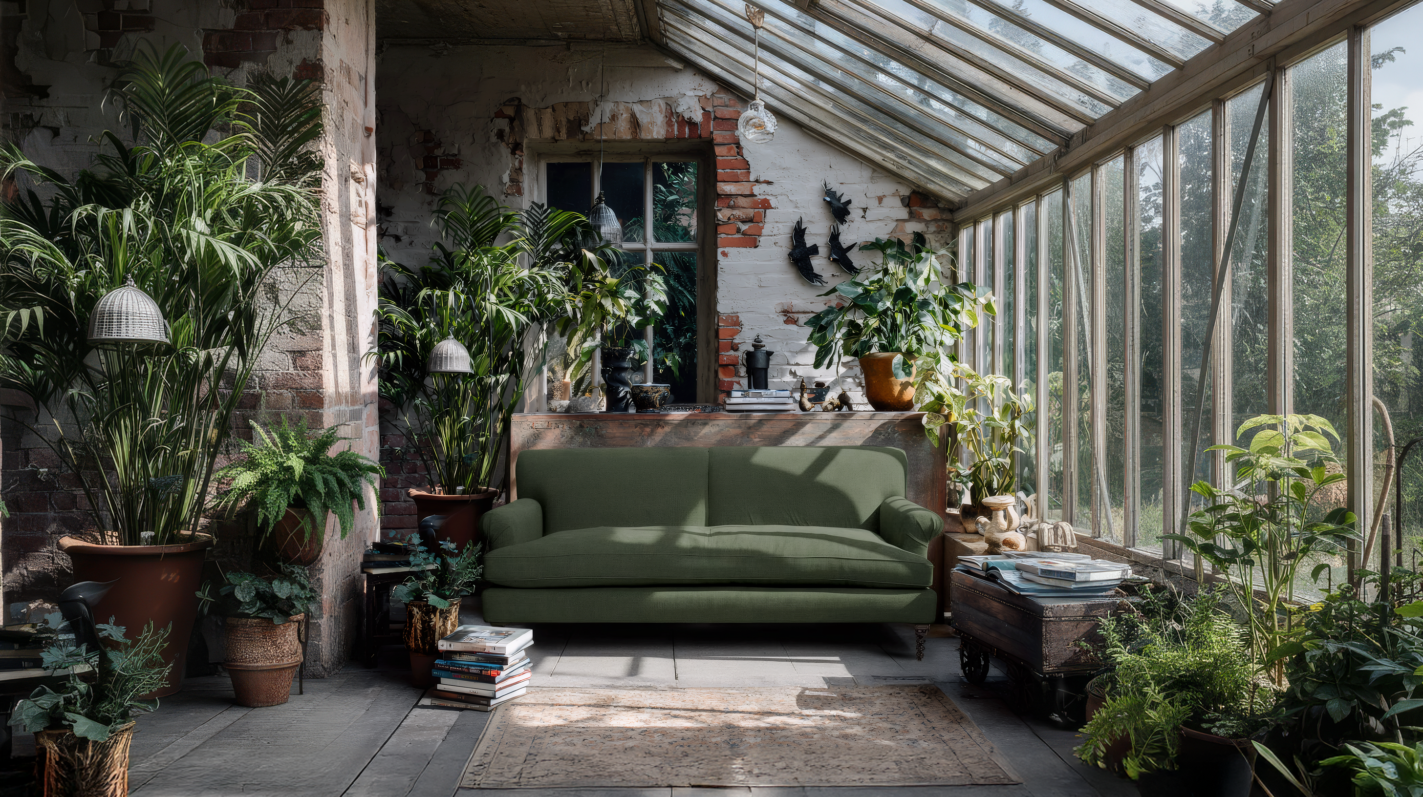 Schplendid Albion 3 seater sofa in Lichen (Dark green) in glass conservatory