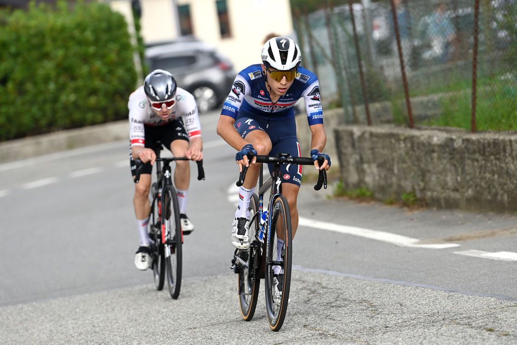 FAVRIA ITALY OCTOBER 05 LR Marc Hirschi of Switzerland and UAE Team Emirates and Andrea Bagioli of Italy and Team Soudal QuickStep compete in the breakaway during the 107th Gran Piemonte 2023 a 152km one day race from Borgofranco dIvrea to Favria on October 05 2023 in Favria Italy Photo by Tim de WaeleGetty Images