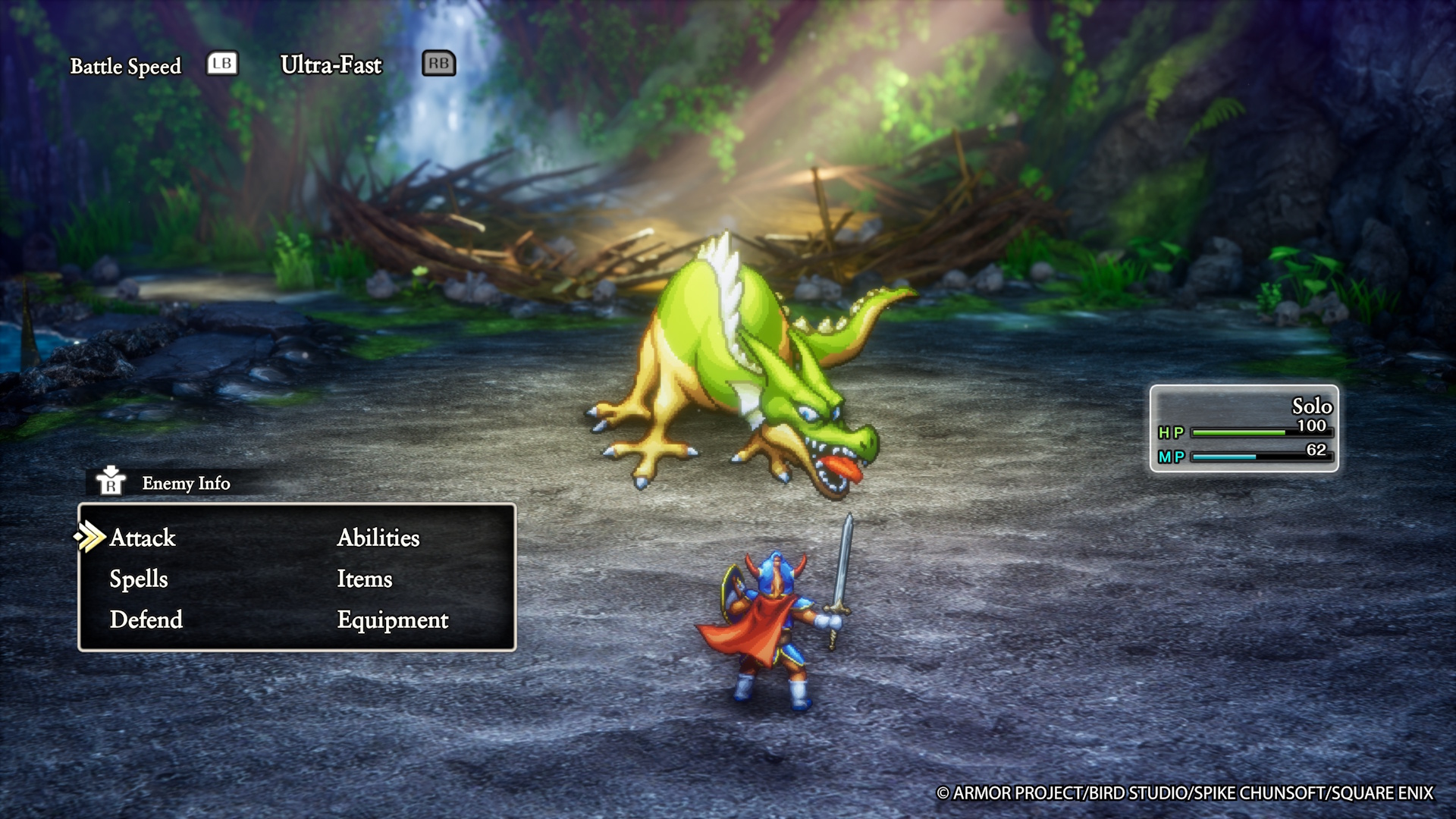 Dragon Quest 1 & 2 HD-2D Remake screenshot showing battle against a lizard in Dragon Quest