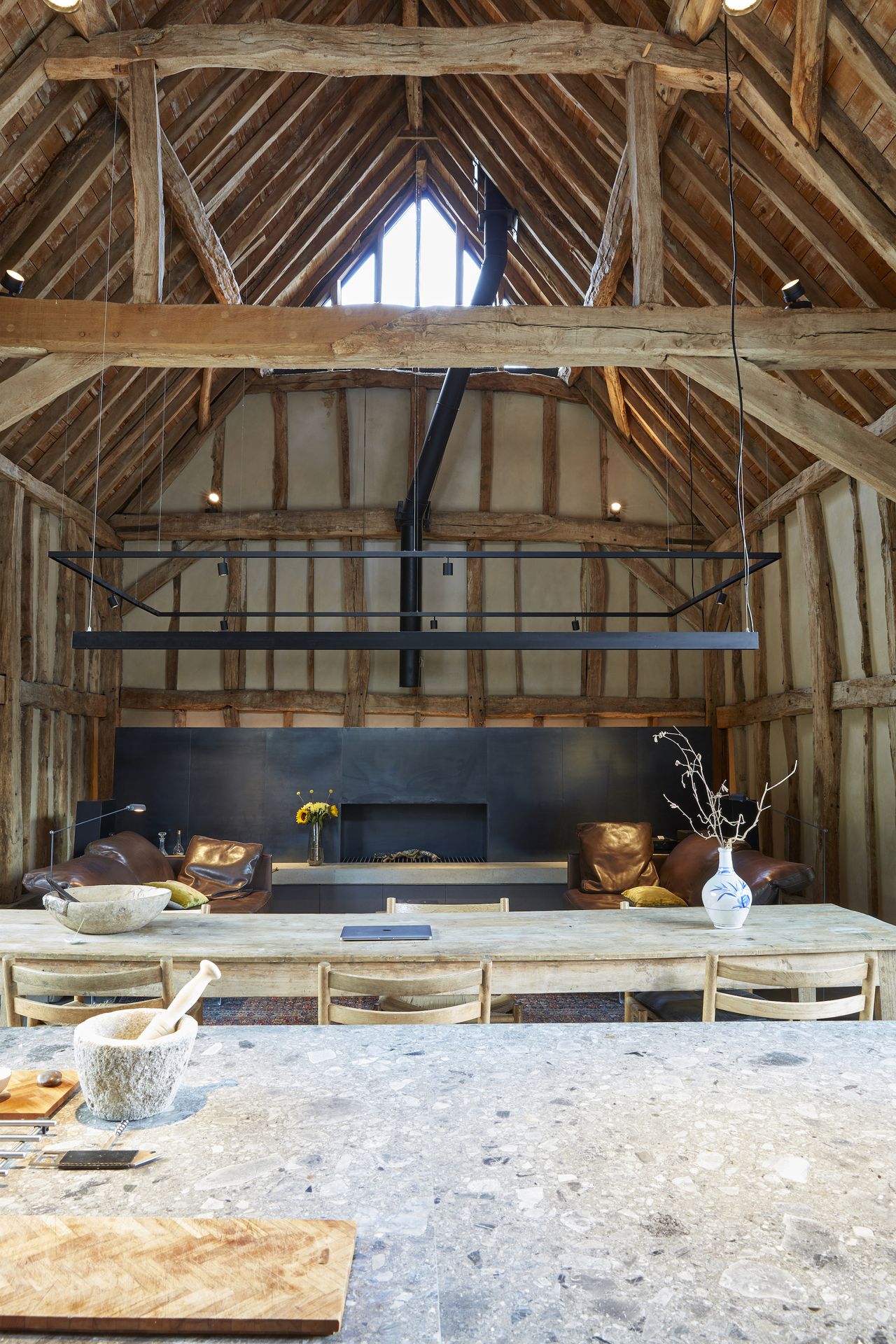 timber frame barn open plan living space and dining area