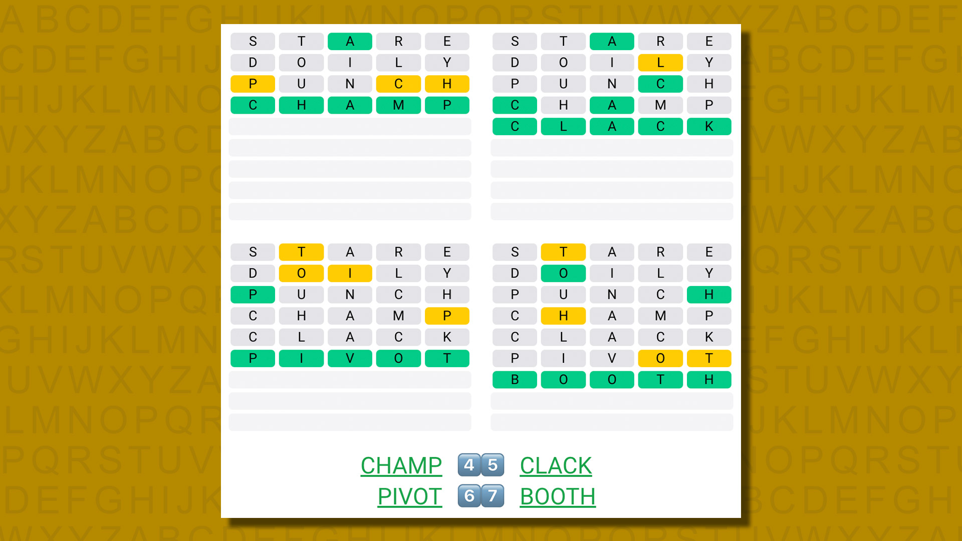 Quordle answers for game 578 on a yellow background