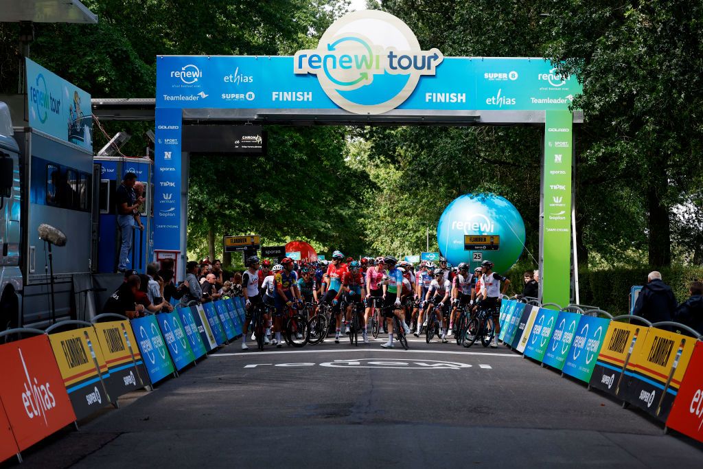 BILZEN BELGIUM AUGUST 27 Tim Wellens of Belgium and UAE Team Emirates Blue Leader Jersey and the peloton stopped at the finish line to protest as riders deem the course as being too dangerous during the 19th Renewi Tour 2023 Stage 5 a 1873km stage from Riemst to Bilzen UCIWT on August 27 2023 in Bilzen Belgium Photo by Bas CzerwinskiGetty Images