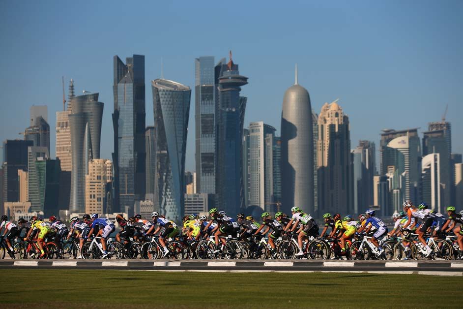 The city skyline is the backdrop for the stage