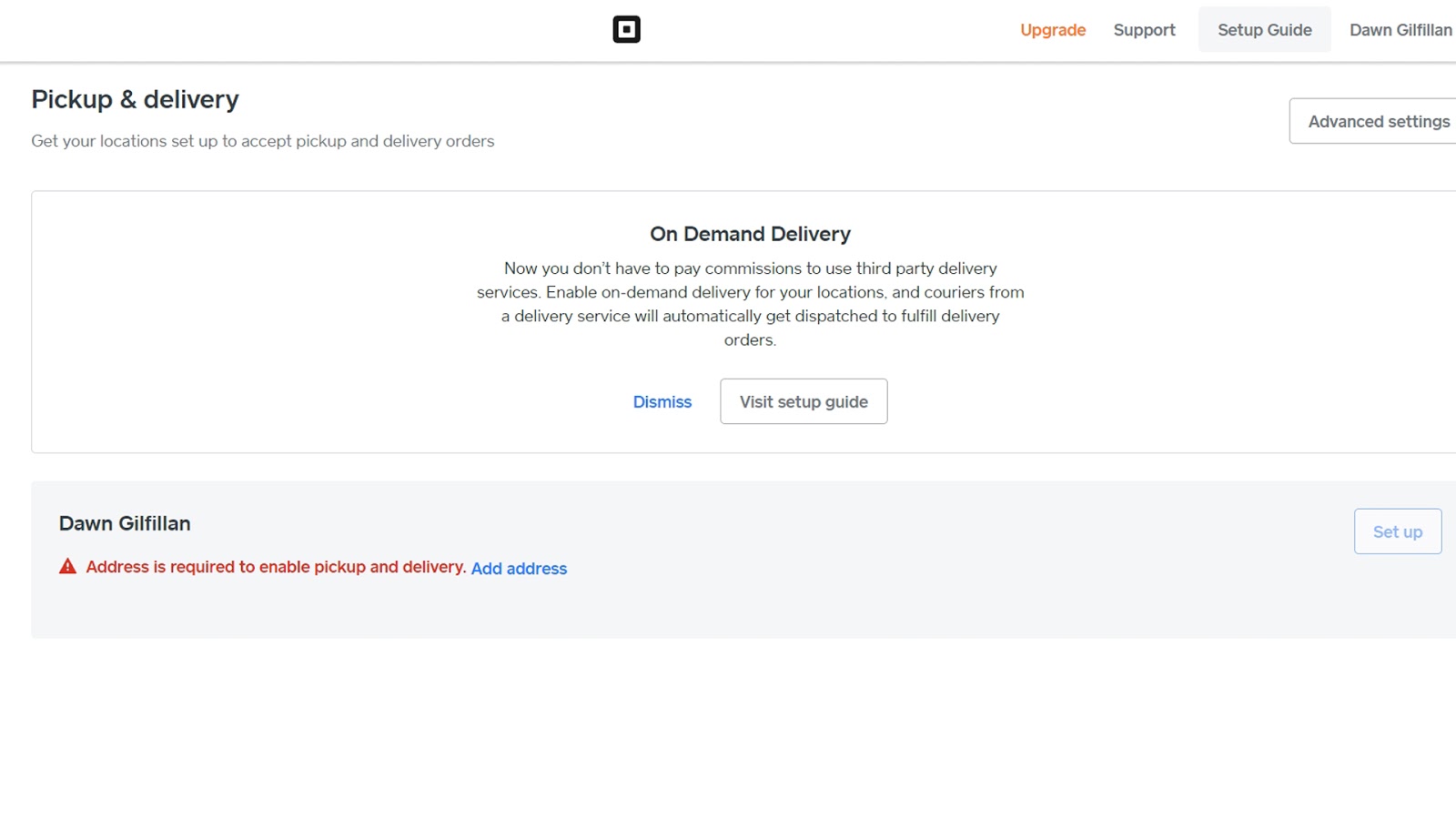 Square's page for setting up delivery and pickup options