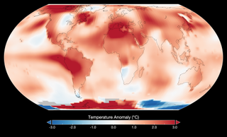 a map showing regions of heat across the globe. Almost all areas are highlighted in red, showing that temperatures are rising way quicker than they should be.