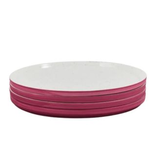 A stack of four white and burgundy plates