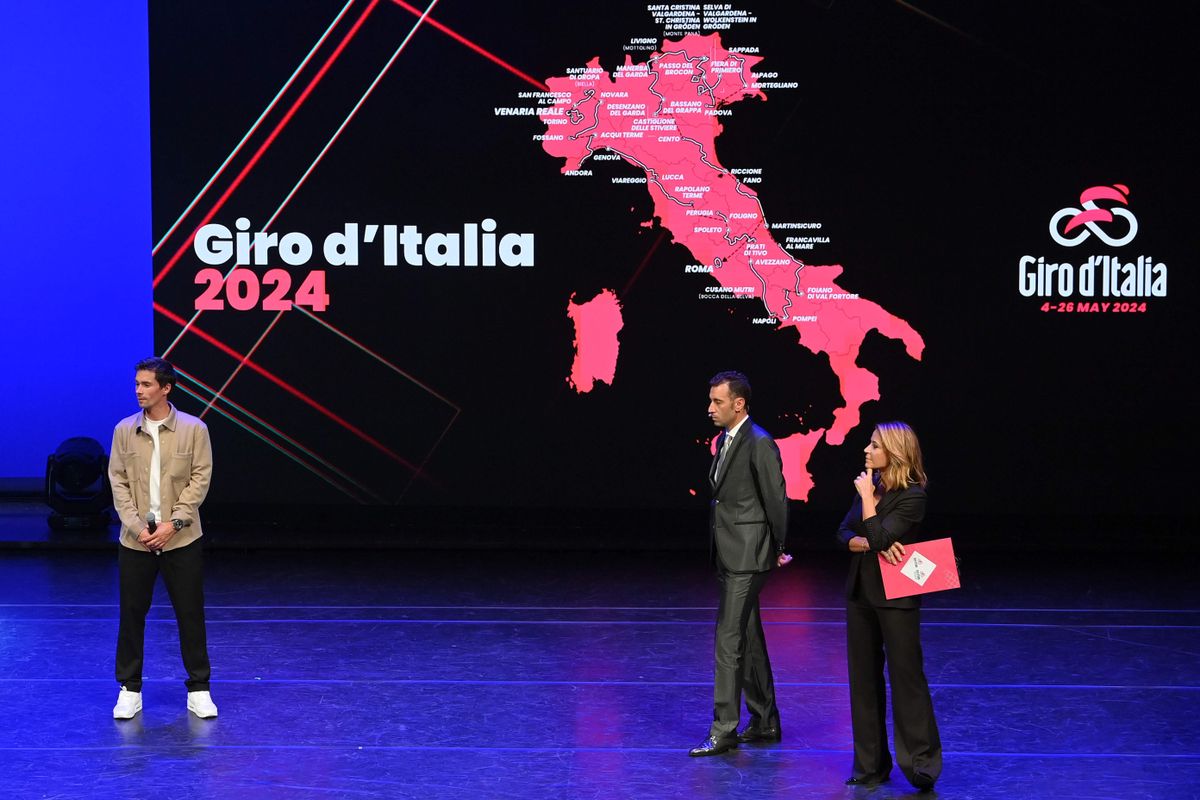 Primož Roglič, Giro d'Italia 2023 winner, on stage for route reveal