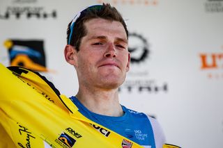 Ben Hermans (Israel Cycling Academy) puts on the yellow leader's jersey after winning stage 2 of the 2019 Tour of Utah