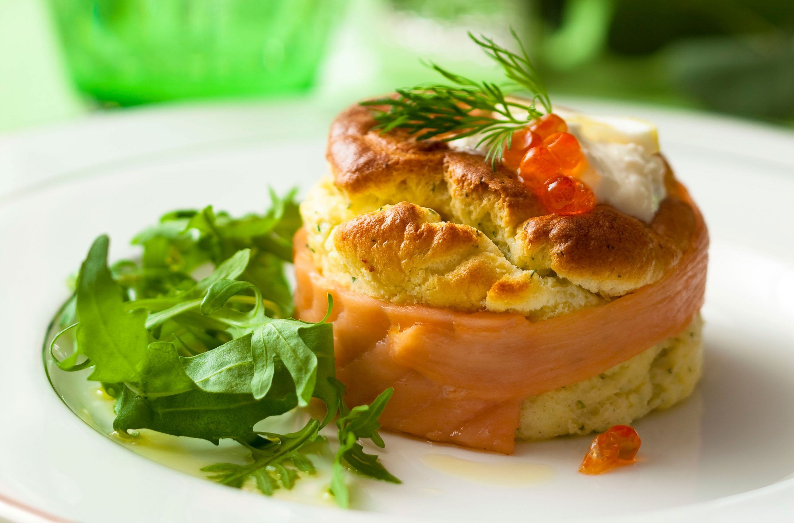 Twice-baked smoked salmon souffle with horseradish cream recipe