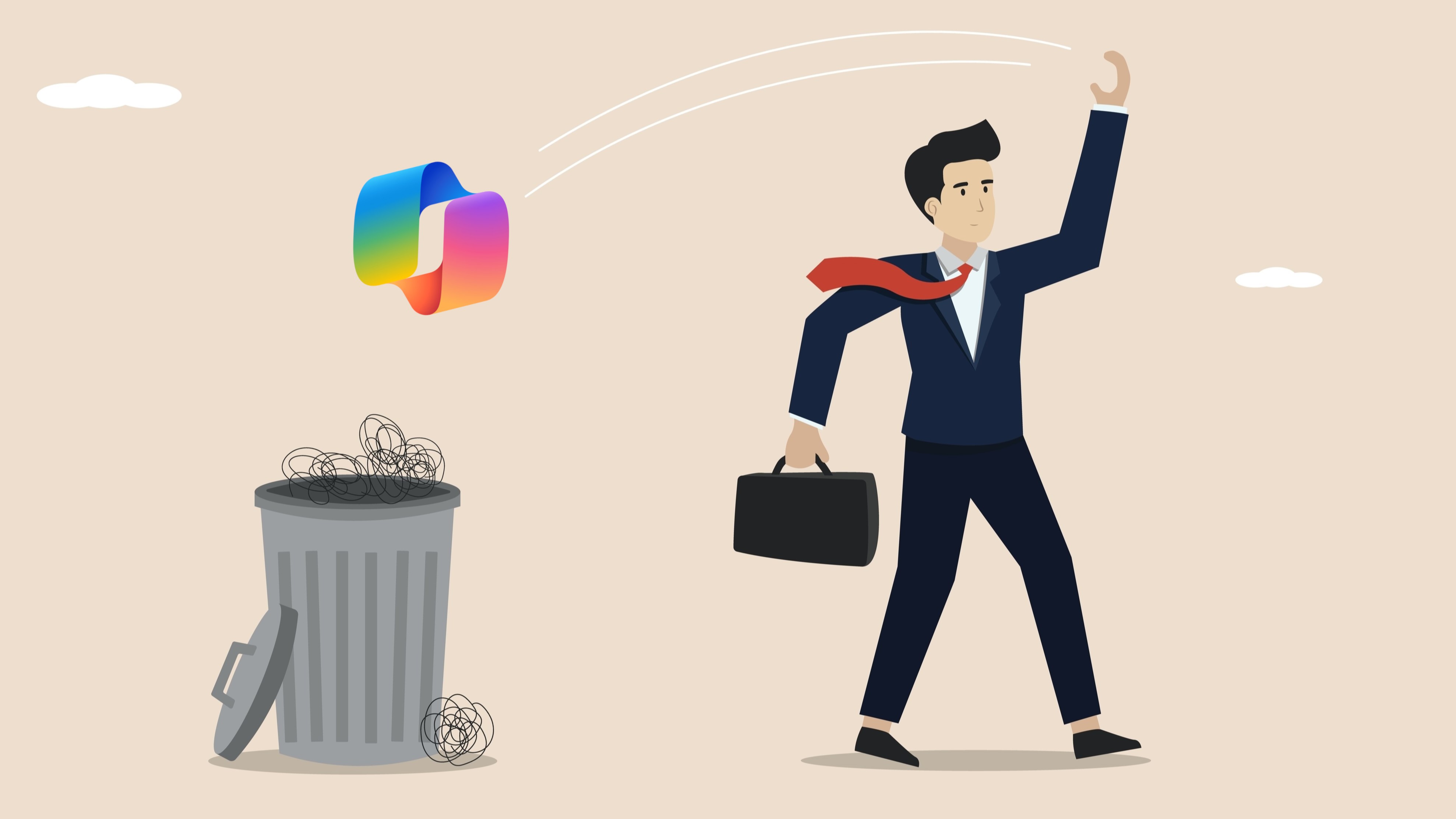 Artwork depicting a businessman throwing the Copilot logo into a garbage can.