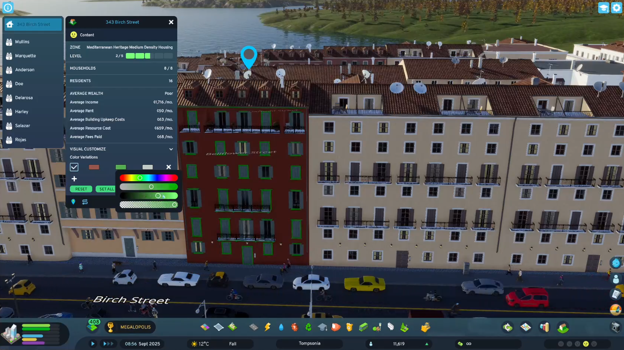  Skylines 2, with the user repainting a yellow European-style townhouse red.